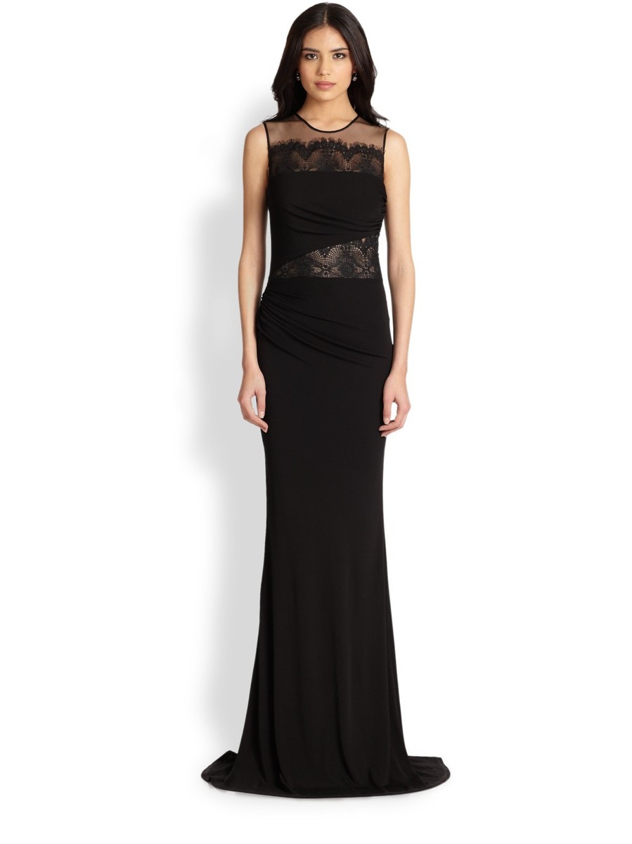 $588 David Meister Black Sleeveless Illusion Lace Neckline Jersey  