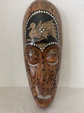 Indonesian Tiki Tribal Mask Wood Inlaid Shell Carved 13x5x3 Hanging Folk Art