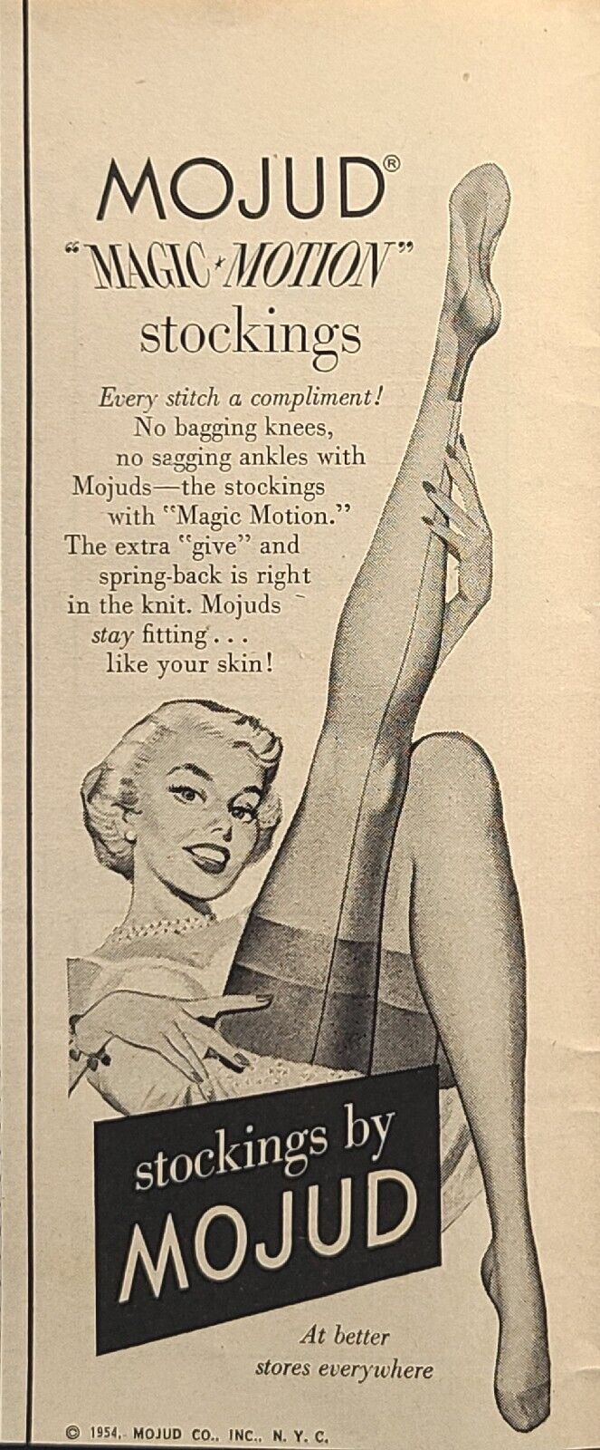 Mojud Magic-Motion Stockings Vintage Print Ad 1954