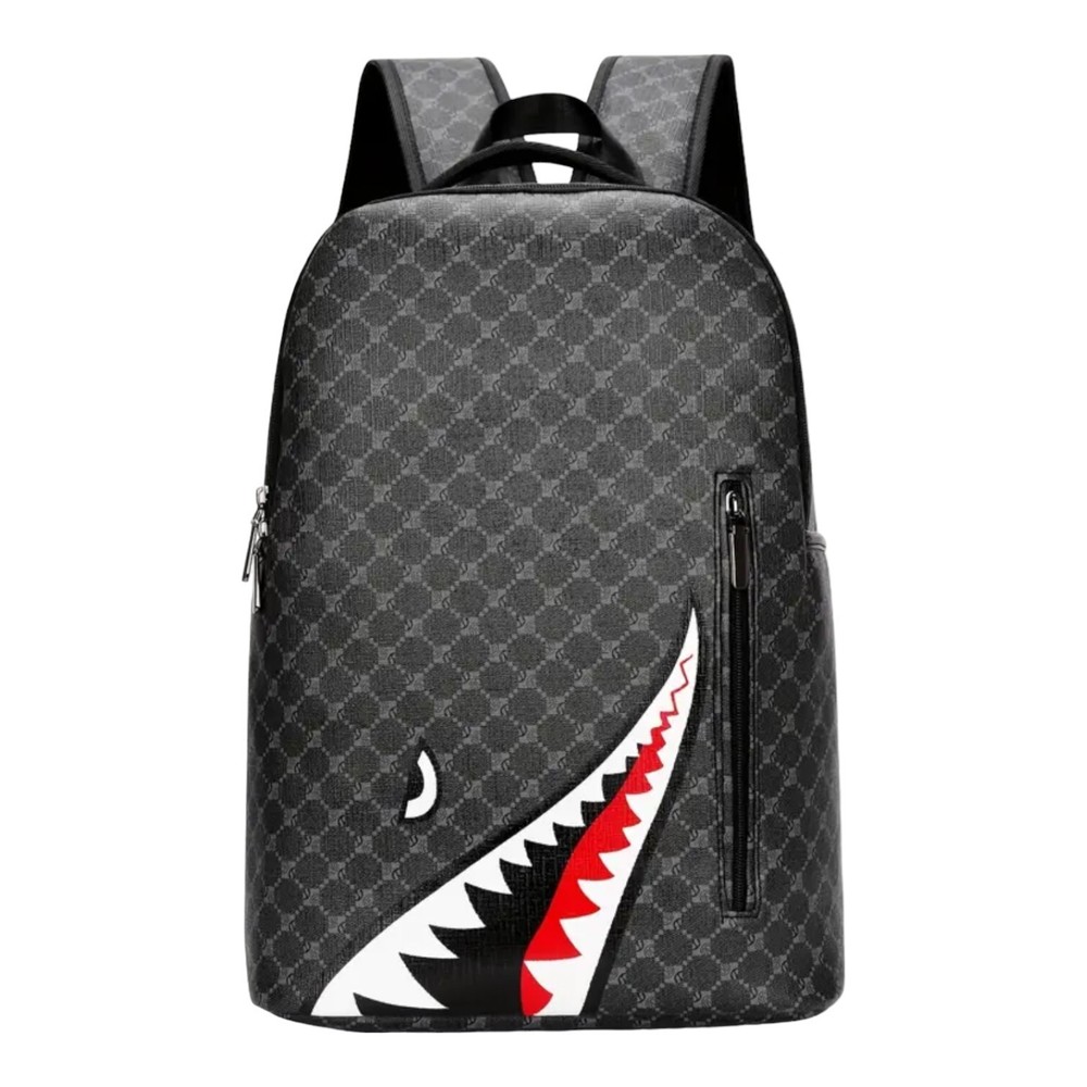 Death Shark Teeth Print Backpack Shoulder Bag Black / Gray Unisex