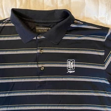 Cutter & Buck Shirt Mens M Black Gold Teal Stripe Polo Golf TPC Sawgrass PGA