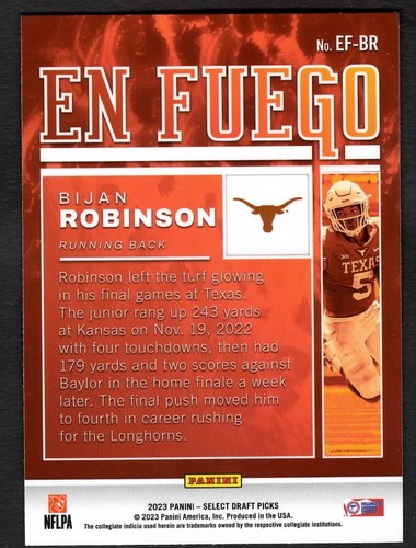 2023 Bijan Robinson Select Draft Picks Football En Fuego Rookie RC Texas EF-BR - Picture 2 of 2
