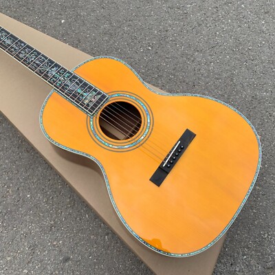 Yellow Solid Spruce 39'' 000 Type Acoustic Guitar Abalone Ebony Open Headstock