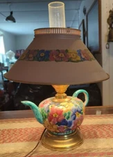 Vintage Ceramic Teapot Hand-painted Table Lamp Rare Very pretty!