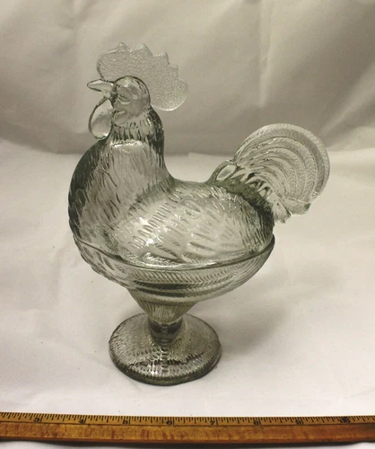 Clear Glass Rooster Covered Dish Standing Chicken Retro Depression Style