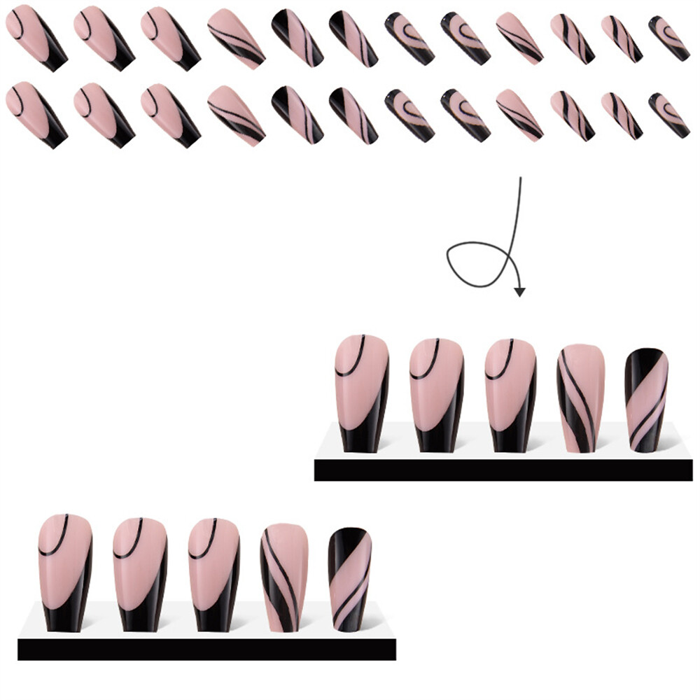 24 Stück Press On Nägel – Schwarze French Tip Mit Fliege, Lange Quadratische Kunstnägel, Glänzend