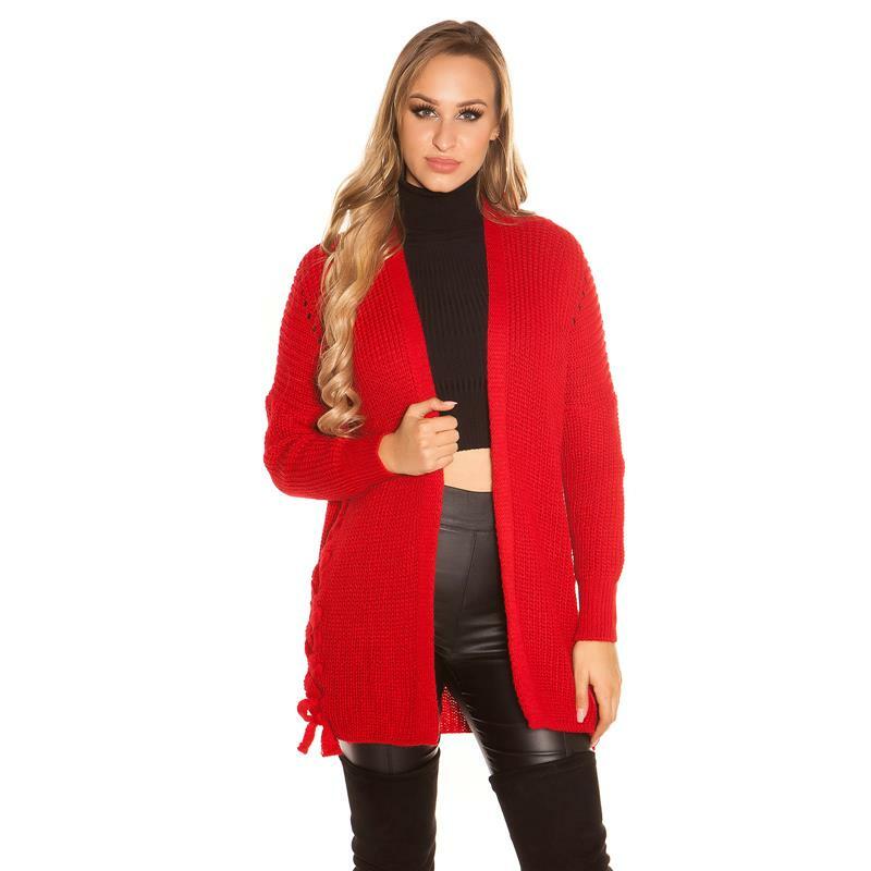 Elegante Damen Strickjacke Cardigan mit Schnürungen Rot 34/36/38