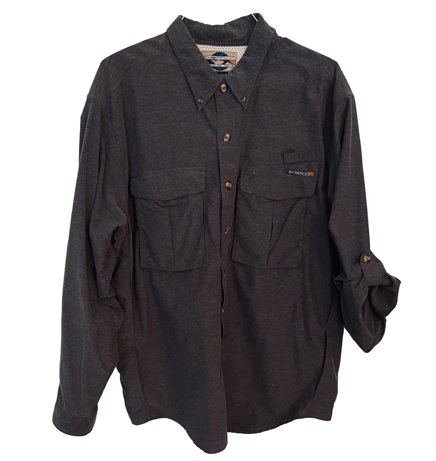 Exofficio Shirt Mens Gray Button Up Roll Tab Sleeve Lightweight Hiking X-Large