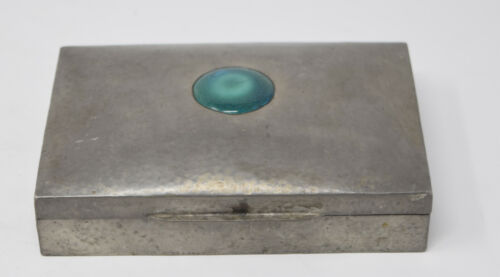 Vintage Tudric Made In England Pewter Enamel Cigar Wood Lined Tobacco Box Humido - Picture 1 of 7