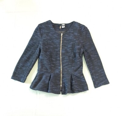 H&M Peplum Jacket Blazer Size 6 Blue & Black Textured Dressy Zip Up Ruffled 