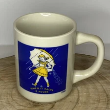 Morton Salt Girl 1956 Logo When it Rains It Pours Mug White Blue Yellow Vintage 