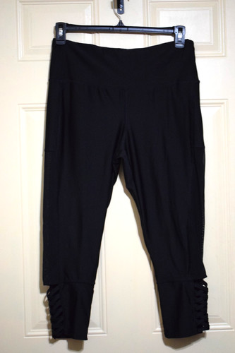 Danskin Now Crop Legging Fine Mesh Sides Criss-Cross Hem Detail Women's L Black