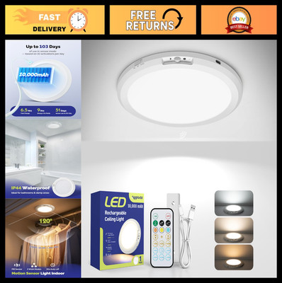10,000mAh Rechargeable Ceiling Light with Remote - Waterproof Shower & Closet Li