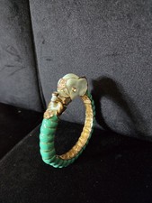 Green Enamel  Rhinestone Elephant Stretch Bangle Bracelet Gold Tone