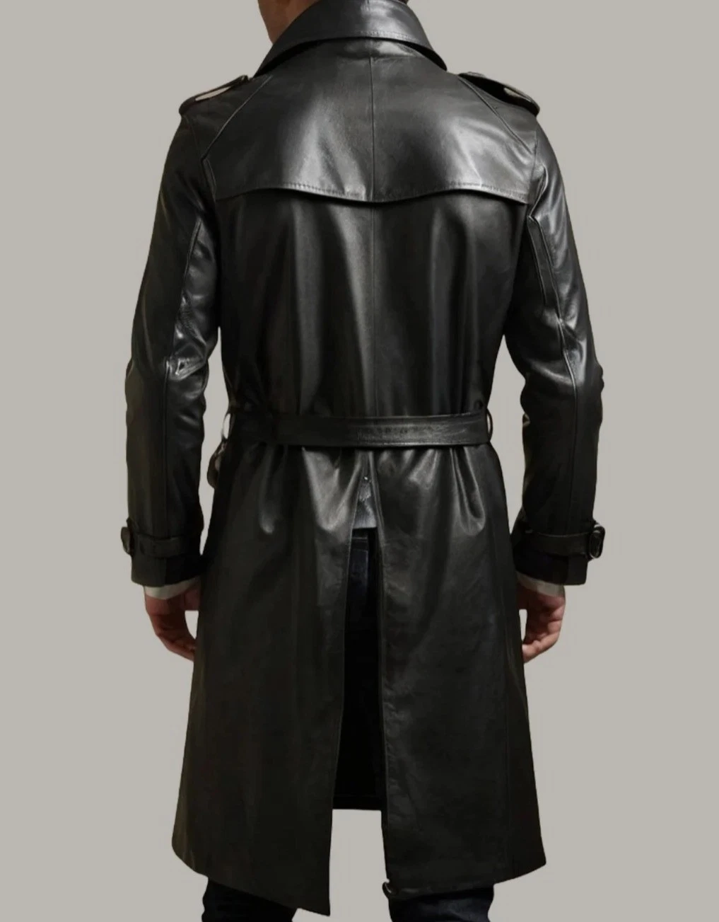 Mens Black Genuine Lambskin Leather Stylish Trench Coat Casual Style Long Coat image 2