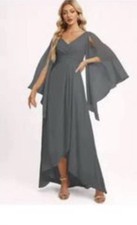 Gray Chiffon Floor-Length Dress with Flutter Sleeves, V-Neck, Bow Back