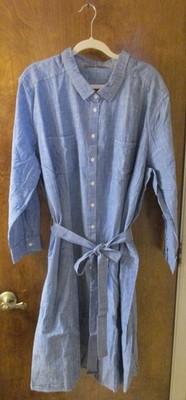 Signature Collection Women's Dress ~ Blue 100% Cotton Long Sleeve Belted Size 3X