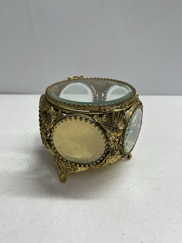 Antique Ormolu Beveled 5-Sided Glass Jewellery Box Casket Floral Trinket Vanity