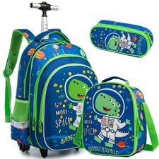 School Bags Kids Rolling Dinosaur Backpack With Wheels Trolley - 3PCS Boys Ca...