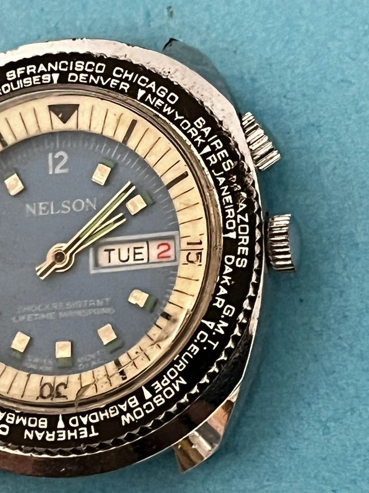 Lord Nelson World Time Day Date Blue Dial 40mm Vintage Watch Original 4 repair - Image 3 of 4