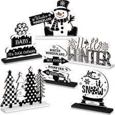 6-Pcs Black White Snowman Winter Table Decor Wooden Farmhouse Christmas Signs