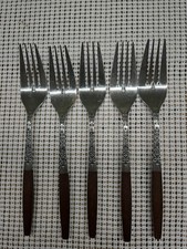 Lot Of 5 Salad Forks By Interpur INR2 Canoe Muffin MCM Faux Wood Stainless Steel