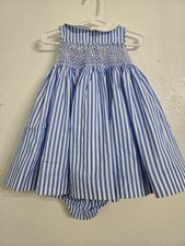 Ralph Lauren Hand-Smocked Blue Striped Baby Dress with Matching Bloomers