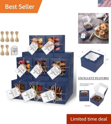 60 Blue Bakery Boxes with Window   Elegant Cupcake & Cookie Gift Boxes 4x4x2.5
