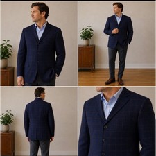 Stafford Big Tall Navy Windowpane Wool Cotton Blazer Sport Coat 52L New