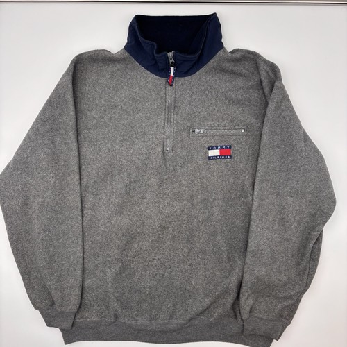 Tommy Hilfiger, Vintage Tommy Hilfiger Fleece Pullover Large Gray Big Logo Quarter Zip 90s
