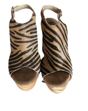 Diba Zebra Platform Wooden Wedges Leather Slingbacks Dyed Cow Fur 8.5 Boho Y2K