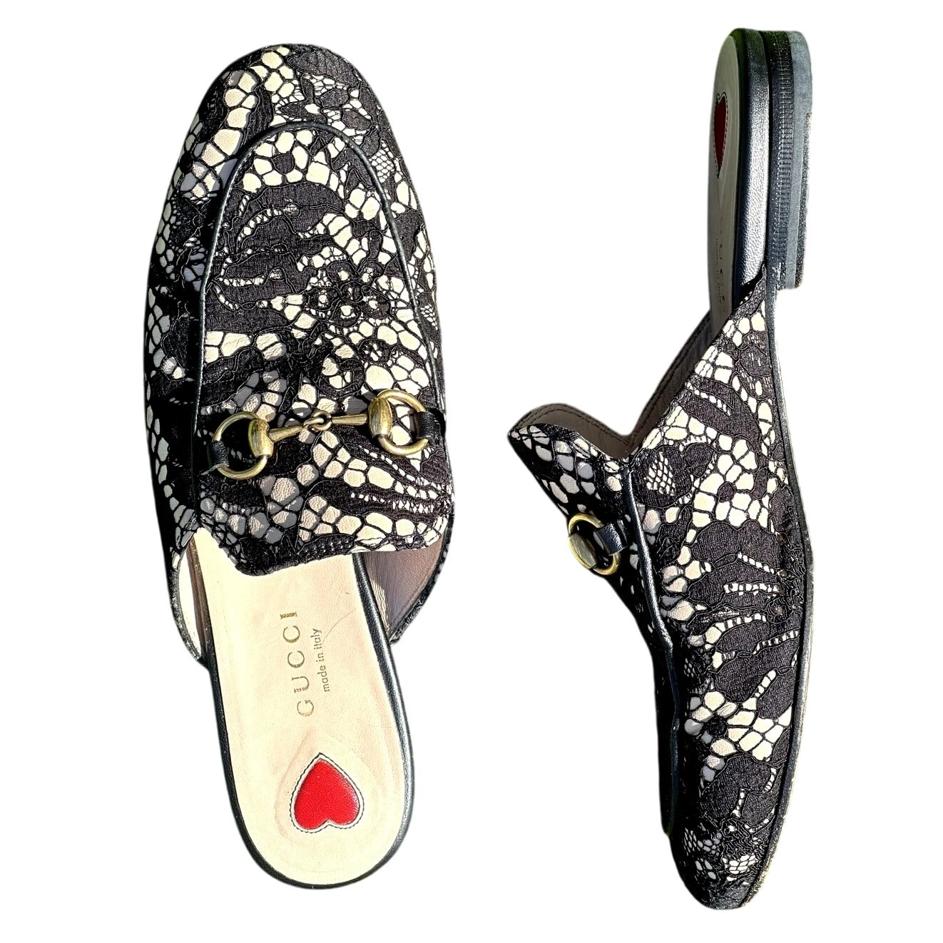 Gucci Princetown dentelle noir/crème Horsebit mules plates slide noir femme taille 36