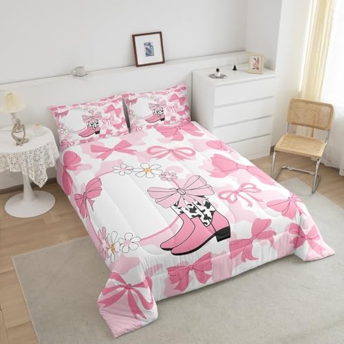 Girls Ribbon Bow Comforter Set,Western Cowgirl Boots Full White Black Pink - Bild 3 von 8