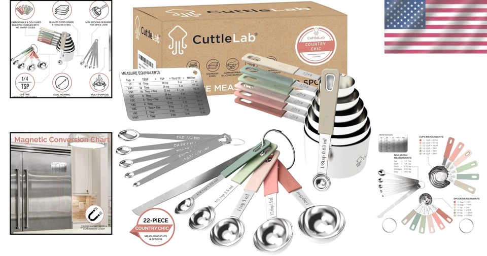 22-Piece Stainless Steel Measuring Cups & Spoons Set - Country Chic with Leveler - Image 2 of 4