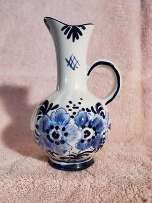D. P, Delft Holland Hand Painted Small Bud Vase With Handle  Blue Flowers   4''