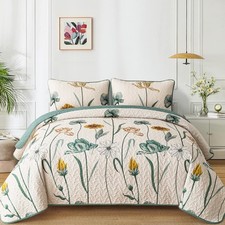 Floral Quilt Set King,Green Yellow Printed Botanical Bedspread Bedding Set W/ 2