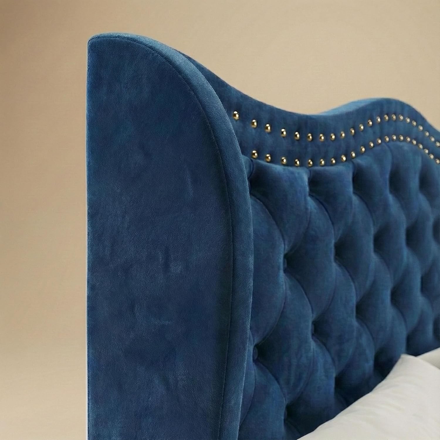 Queen Size Bed Frame - 50" Wingback Tufted Headboard/Footboard, Jet Black Velvet