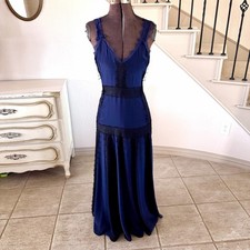 LA LIGNE Women’s Size 2 Navy Blue 100% Silk Maxi Dress Black Lace Trim Coquette