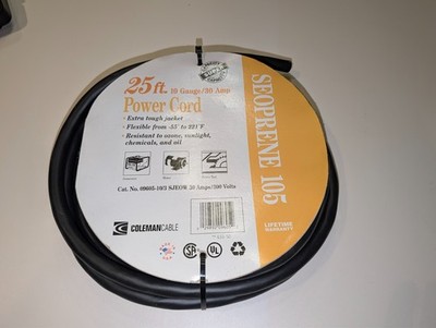 NEW Coleman Cable Seoprene 105 25ft 10 Gauge 30 Amp Heavy Duty Power Cord NOS