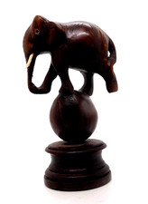 Figure Elephant On Ball Hand Carved Wooden Dark Tusks 5.75 In Tall Base