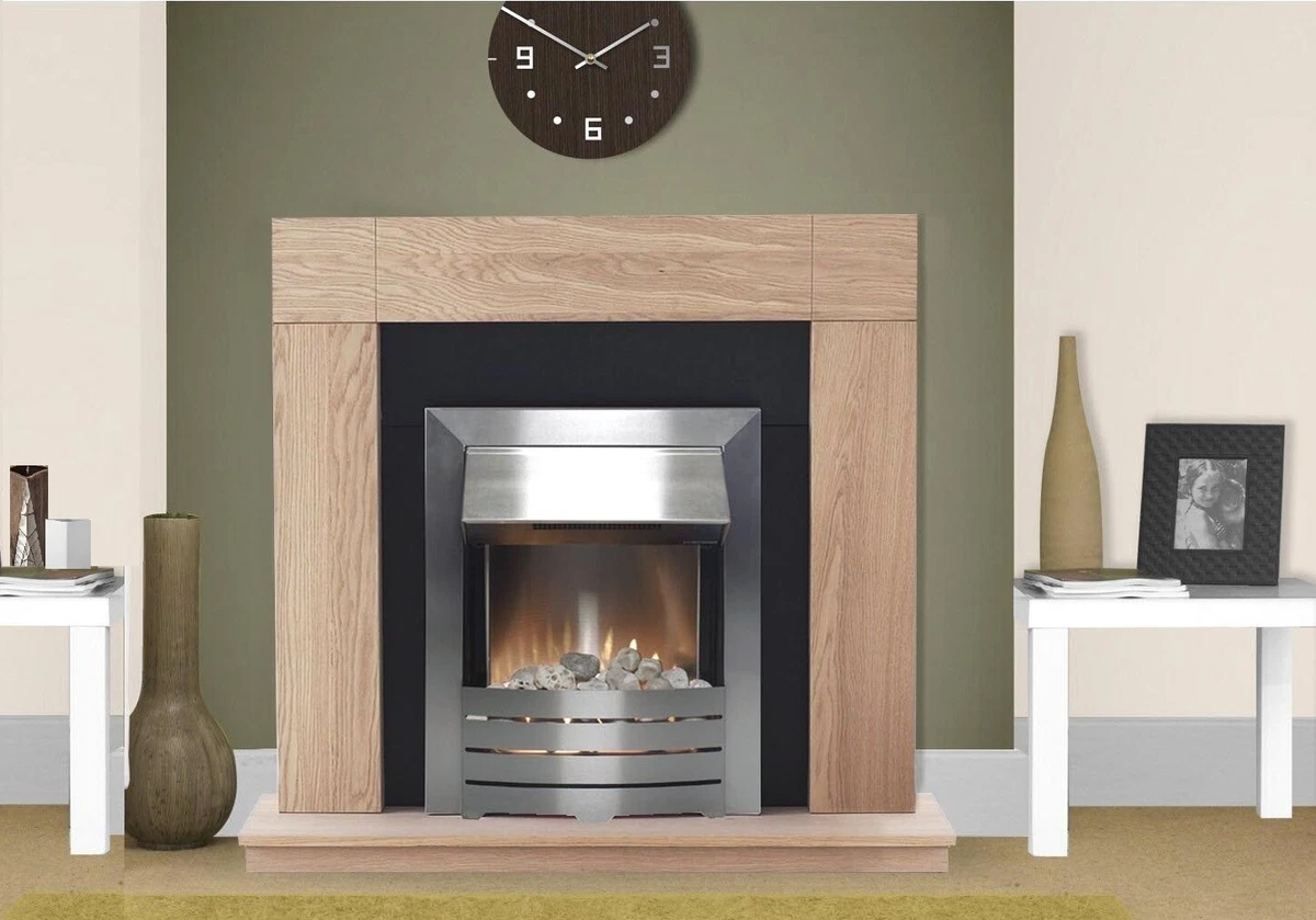ELECTRIC FIRE OAK FIREPLACE SURROUND HEARTH BLACK BRUSHED STEEL PEBBLES  BNIB | eBay