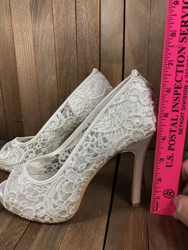 Bridal Wedding Shoes Size 6 High Satin Heels White Peep Toe See Thru Lace Uppers - Picture 2 of 14