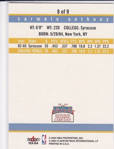 CARMELO ANTHONY ROOKIE CARD Knick Denver Nugget Basketball 2003/04 Fleer NTCD RC - Picture 2 of 2