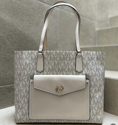 Michael Kors Women s Beige/White Logo Print Tote Snap Closure Pouch Gold HW