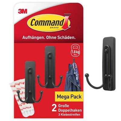 Command  Doppelhaken ohne Bohren 2 Haken + 3 Strips set Haftkraft 1,8 kg Schwarz