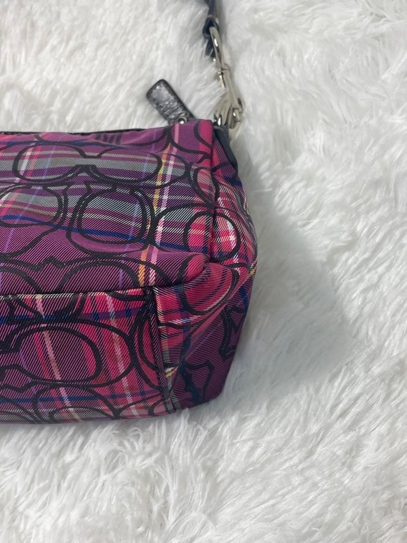 COACH Signature Women's Hand Shoulder Bag Purple Tote check pattern Purse Used thumbnail 6