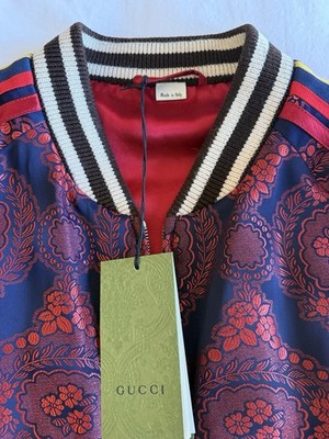 Gucci Men's Floral Embroidered Bomber Jacket Red Blue Multicolor