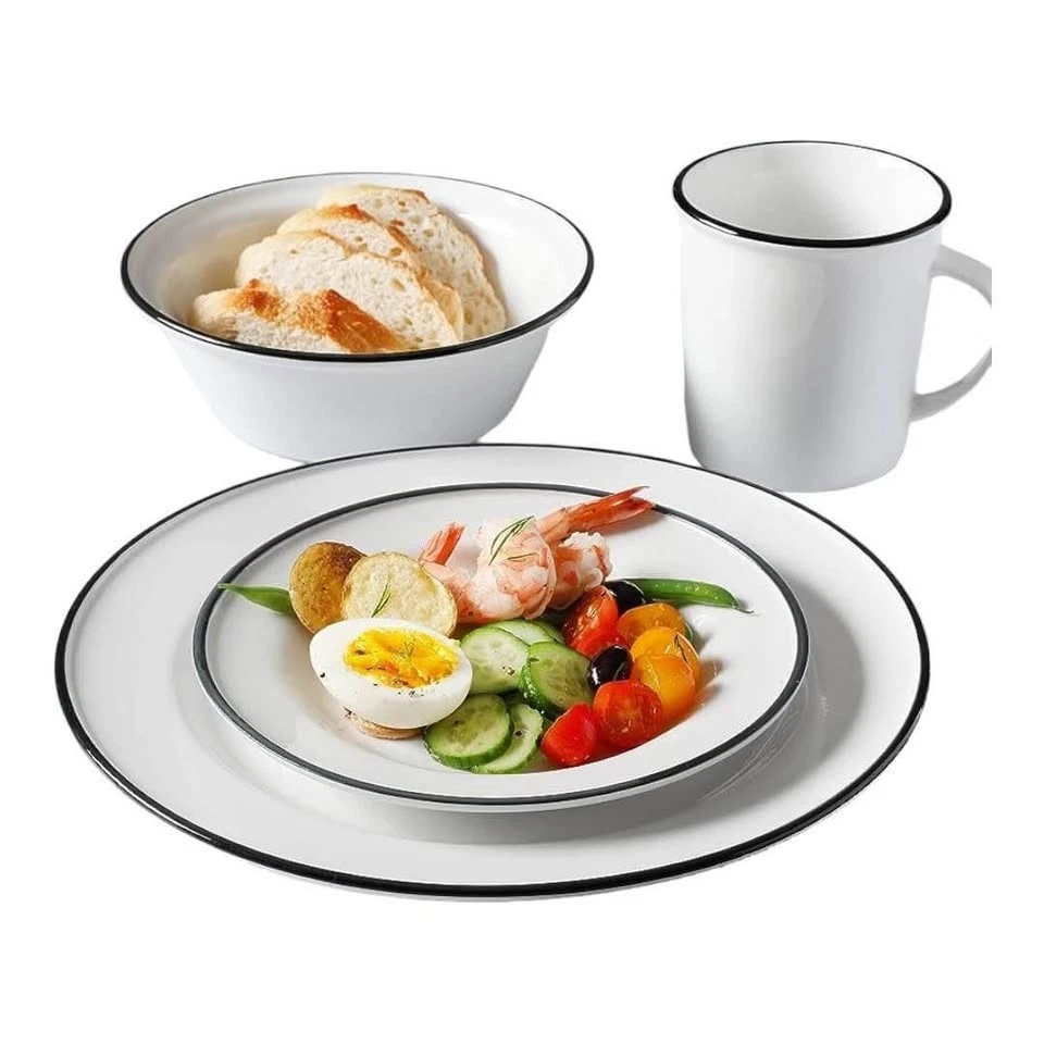 Juego de vajilla y tazas de porcelana Martha Stewart 16 piezas blanco con borde negro nuevo en caja Foto 4 de 4