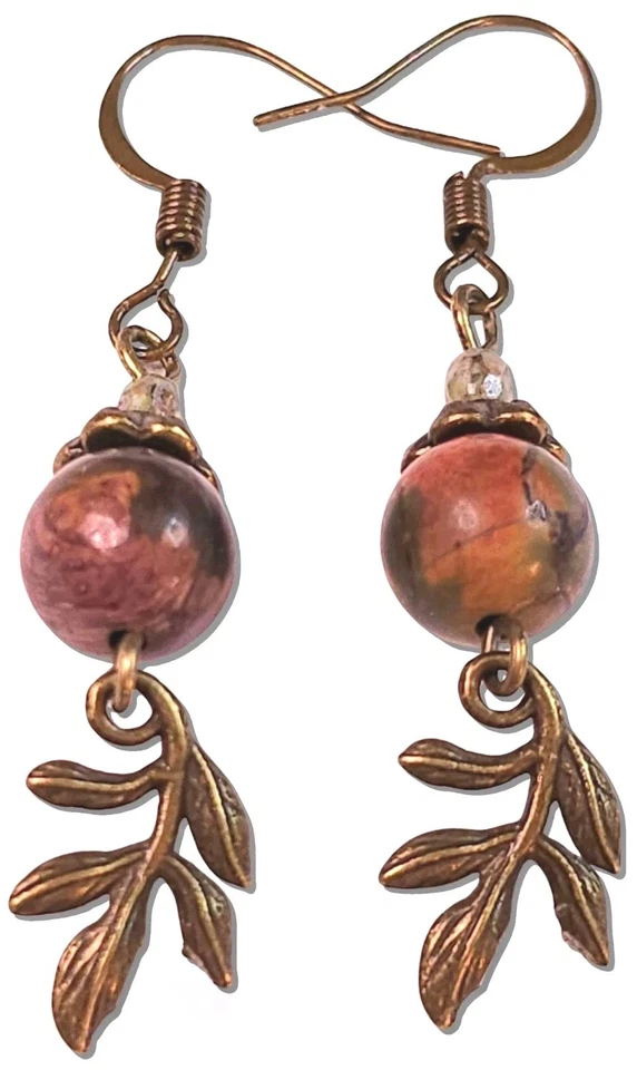 Pendientes Hoja Otoño Picasso Jaspe Gemas Antiguo Bronce Cuelga Hecho a Mano Foto 3 de 4