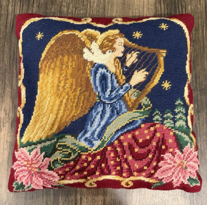 Vintage Wool Needlepoint Angel Christmas Pillow Red Velvet Back Holiday Decor